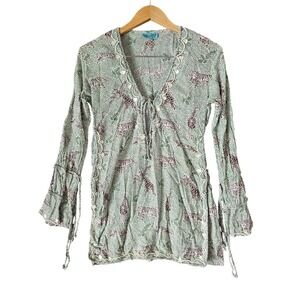 Letarte Handmade Animal‎ Print Tie Front Long Sleeve Beaded Trim Tunic Cover M